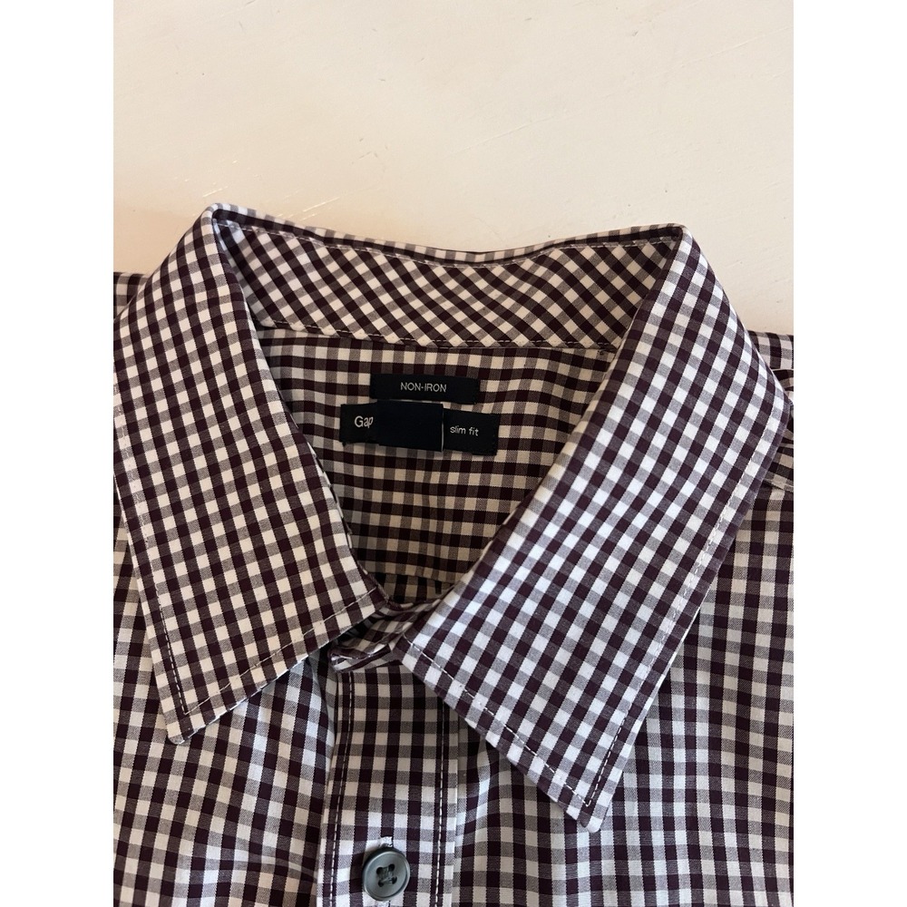 Gap Mens Large Maroon Check Long Sleeve Non Iron Slim Fit Shirt L 16-16.5